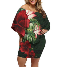 Polynesian Pride Dress - Red Hibiscus Off Shoulder Short Dress - Polynesian Pride