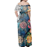 Polynesian Pride Dress - Hawaiian Turtle Swimming Wave Plumeria Hibiscus Polynesian Garden Style Off Shoulder Long Dress - Polynesian Pride