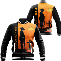 Polynesian Pride Clothing - (Custom) Anzac Day Lest We Forget Soldier Standing Guard Baseball Jacket Unisex Black - Polynesian Pride
