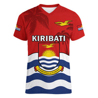 Ribaberiki Kiribati Coat Of Arms Mix Palm Trees Women V Neck T Shirt LT14 - Polynesian Pride