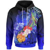 American Samoa Polynesian Hoodie Humpback Whale with Tropical Flowers (Blue) Blue - Polynesian Pride