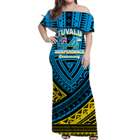 Tuvalu Off Shoulder Long Dress 44th Independence Anniversary - Tribal Pattern - LT12 Long Dress Blue - Polynesian Pride