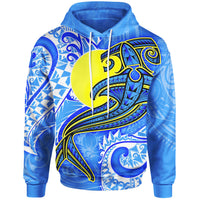 Palau Polynesian Hoodie Palau Flag with Polynesian Tattoo Unisex Blue - Polynesian Pride