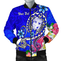 Fiji Custom Personalised Men's Bomber Jacket - Turtle Plumeria (Blue) - Polynesian Pride