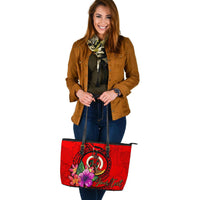 Vanuatu Polynesian Custom Personalised Large Leather Tote - Floral With Seal Red - Polynesian Pride