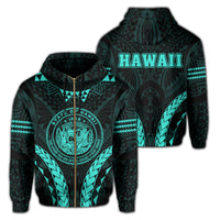 Polynesian Kakau Seal of Hawaii Zip Hoodie Sport Style Version 2.0 Turquoise Unisex Blue - Polynesian Pride
