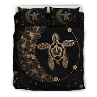 Hawaiian Hibiscus Plumeria Turtle Black And Gold Bedding Set Black - Polynesian Pride