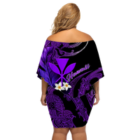 Hawaii Turtle With Plumeria Leaf Purple Off Shoulder Short Dress - LT12 - Polynesian Pride