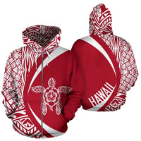 Hawaii Turtle Polynesian Zip up Hoodie White and Red Circle Style Unisex Red - Polynesian Pride