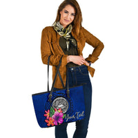 American Samoa Polynesian Custom Personalised Large Leather Tote - Floral With Seal Blue - Polynesian Pride