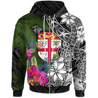 Fiji Zip up Hoodie Turtle Plumeria Banana Leaf Unisex Black - Polynesian Pride