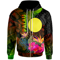 Palau Polynesian Zip up Hoodie Hibiscus and Banana Leaves Unisex Reggae - Polynesian Pride