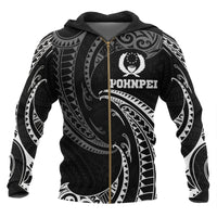 Pohnpei Micronesia All Over Zip up Hoodie White Tribal Wave Unisex Black - Polynesian Pride