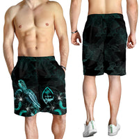 Guam Polynesian Men's Shorts - Turtle With Blooming Hibiscus Turquoise - Polynesian Pride