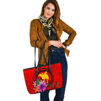Papua New Guinea Polynesian Large Leather Tote - Floral With Seal Red - Polynesian Pride