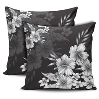 Hibiscus And Plumeria B&W Pillow Covers One Size Zippered Pillow Cases 18"x 18" (Twin Sides) (Set of 2) Black - Polynesian Pride