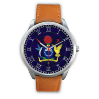 Cook Islands Coat Of Arms Silver Watch Brown Leather Silver - Polynesian Pride