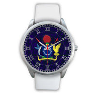 Cook Islands Coat Of Arms Silver Watch White Leather Silver - Polynesian Pride