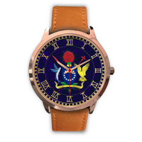 Cook Islands Coat Of Arms Rose Gold Watch Brown Leather Gold - Polynesian Pride
