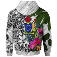 Cook Islands Zip up Hoodie White Turtle Plumeria Banana Leaf - Polynesian Pride