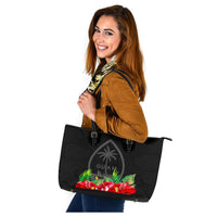 Guam Polynesian Large Leather Tote Black Hibiscus - Polynesian Pride