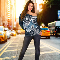 Marshall Islands Polynesian Off Shoulder Sweater - Ocean Style Blue - Polynesian Pride