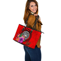 American Samoa Polynesian Large Leather Tote - Floral With Seal Red - Polynesian Pride