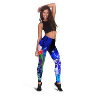 Custom Personalised Samoa Leggings - Humpback Whale with Tropical Flowers (Blue) - Polynesian Pride
