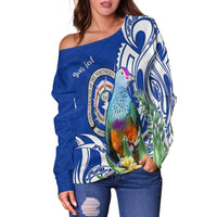 (Custom Personalised) Northern Mariana Islands Off Shoulder Sweater Mariana Fruit Dove Mix Frangipani Flowers Blue LT13 - Polynesian Pride