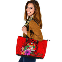 Fiji Polynesian Custom Personalised Large Leather Tote - Floral With Seal Red - Polynesian Pride