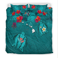 (Custom Personalised) Hawaiian Islands Bedding Set - Hawaii Tropical Flowers and Turtles Turquoise LT13 - Polynesian Pride