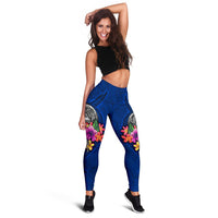 American Samoa Polynesian Women's Leggings - Floral With Seal Blue - Polynesian Pride