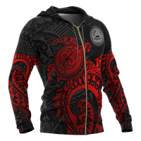 American Samoa Polynesian Zip up Hoodie Polynesian Turtle (Full Red) - Polynesian Pride