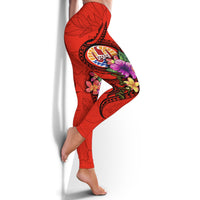 Tahiti Polynesian Custom Personalised Women's Leggings - Floral With Seal Red - Polynesian Pride