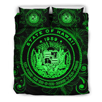 Hawaiian Hibiscus Flag Coat Of Arms Polynesian Bedding Set Green - Royal Style Green - Polynesian Pride