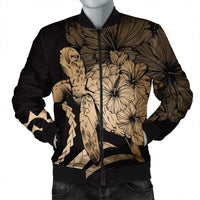 Hawaiian - Hawaii Turtle Hibiscus Polynesian Vintage Bomber Jacket - Gold - AH Black Unisex - Polynesian Pride
