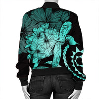 Hawaiian - Hawaii Turtle Hibiscus Polynesian Vintage Bomber Jacket - Turquoise - AH - Polynesian Pride