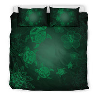 Hawaiian Plumeria Hibiscus Turtle Under The Sea Polynesian Bedding Set Green - Polynesian Pride