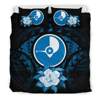 Yap Duvet Cover Set - Yap Flag & Dark Blue Hibiscus Blue - Polynesian Pride