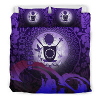 Cook Islands Duvet Cover Set - Cook Islands Coat Of Arms Wave and Hibiscus Purple Green - Polynesian Pride
