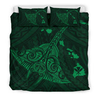 Hawaiian Map Kanaka Manta Ray Polynesian Bedding Set Green - Polynesian Pride