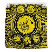 Hawaiian Map Honu Hibiscus Tropic Yellow Polynesian Bedding Set - Polynesian Pride