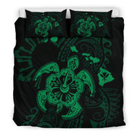 Hawaiian Map Kanaka Hibiscus Turtle Green Polynesian Bedding Set - Polynesian Pride