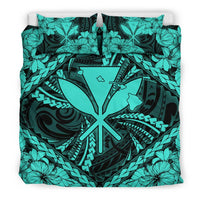 Hawaiian Map Kanaka Hibiscus Turquoise Polynesian Bedding Set - Polynesian Pride