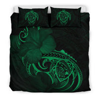 Hawaiian Map Turtle Hibiscus Divise Green Polynesian Bedding Set - Polynesian Pride