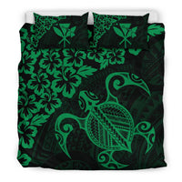 Hawaiian Map Turtle Hibiscus Kanaka Polynesian Bedding Set - Green - Polynesian Pride