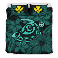 Hawaiian Turtle Hibiscus Plumeria Kanaka Polynesian Bedding Set Turquoise - Soft Style - Polynesian Pride