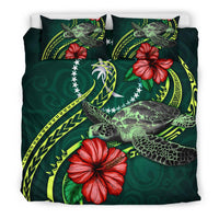 Polynesian Bedding Set - Chuuk Micronesia Duvet Cover Set Green Turtle Hibiscus - Polynesian Pride