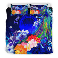 Federated States of Micronesia Custom Personalised Bedding Set - Humpback Whale with Tropical Flowers (Blue) - Polynesian Pride