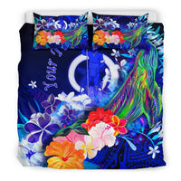 Vanuatu Custom Personalised Bedding Set - Humpback Whale with Tropical Flowers (Blue) - Polynesian Pride